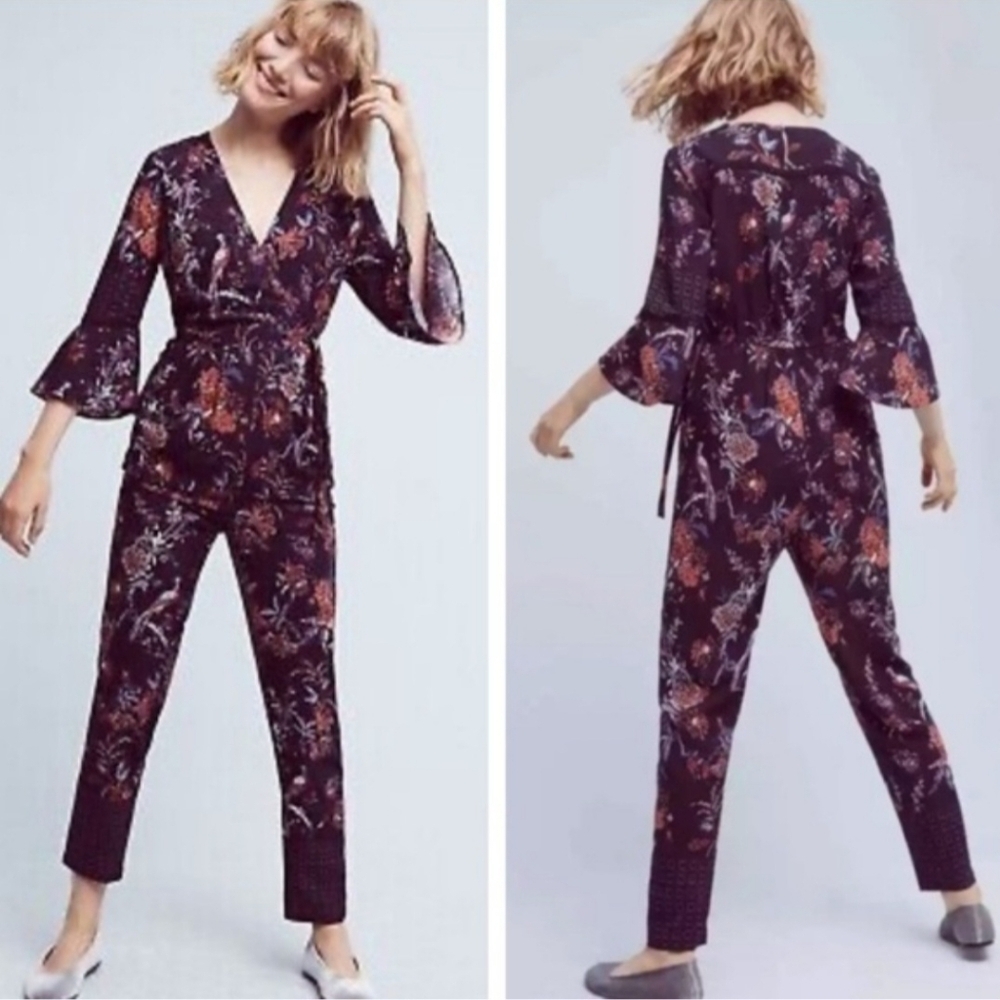 Mauve Anthropologie Purple Floral Faux Wrap Ankle Length Jumpsuit 8 Medium